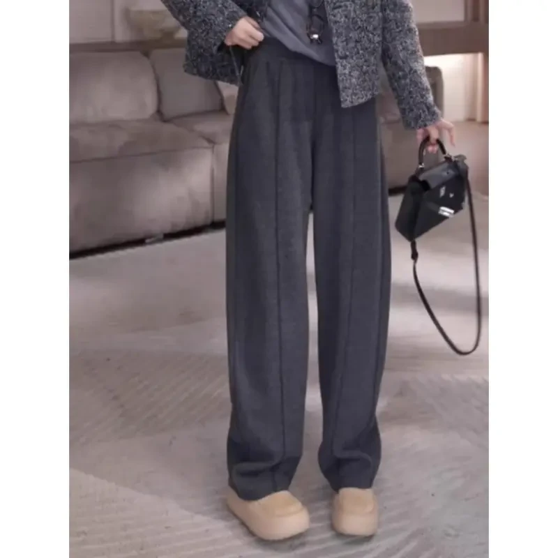 2024秋冬新款毛呢休闲裤女韩版梨形身材宽松显瘦简约显瘦弯刀裤子