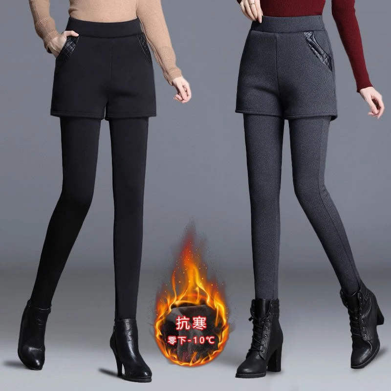 加绒加厚假两件打底裤外穿高腰裙裤冬季不起球修身保暖长裤子