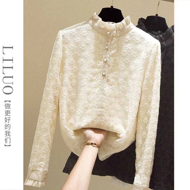 立领蕾丝衫女秋冬季网纱绣花长袖加厚加绒打底衫修身女士蕾丝衬衫