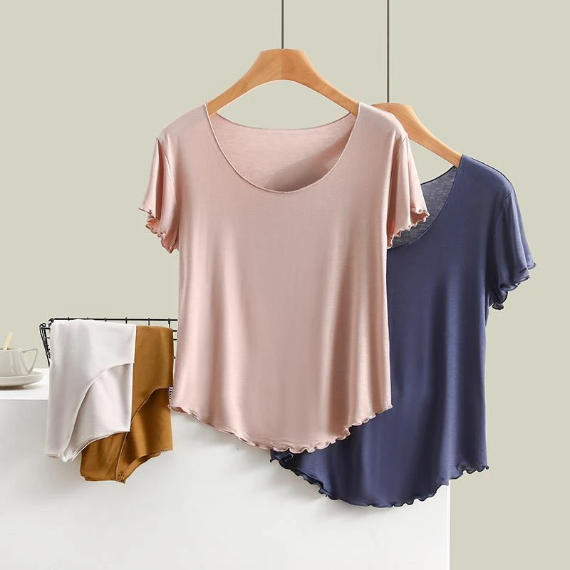 莫代尔圆领花边短袖T恤打底衫修身新夏薄款宽松打底纯色洋气上衣