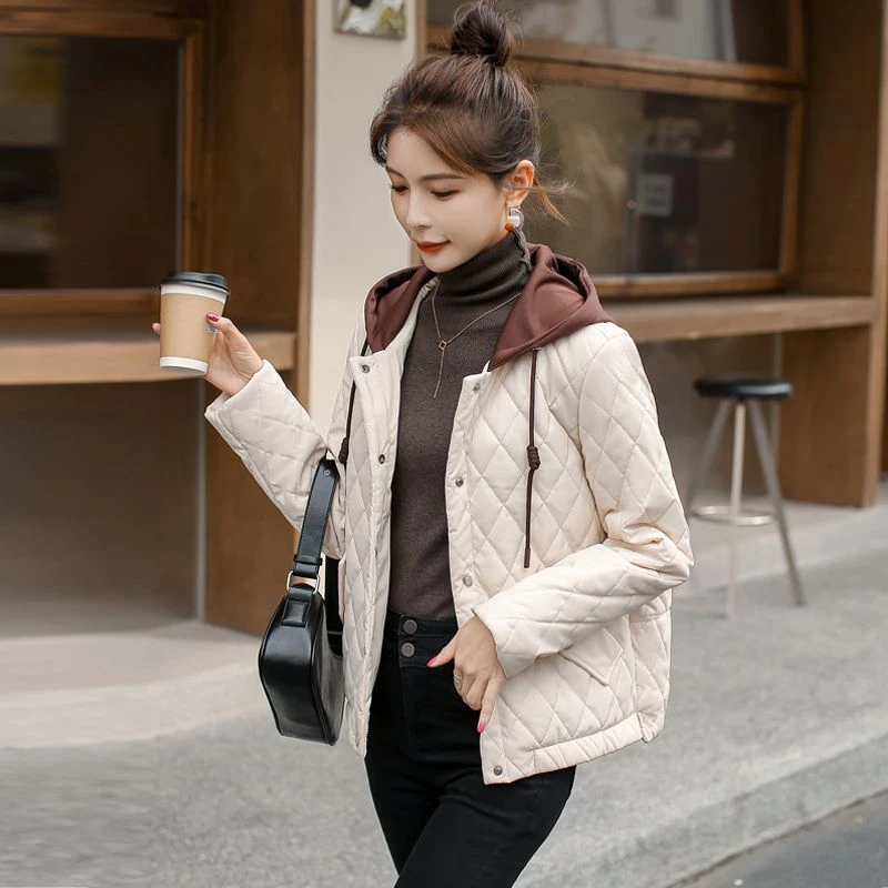 不裂皮免洗棉服女秋冬新款2024假两件连帽菱格短款小棉袄外套