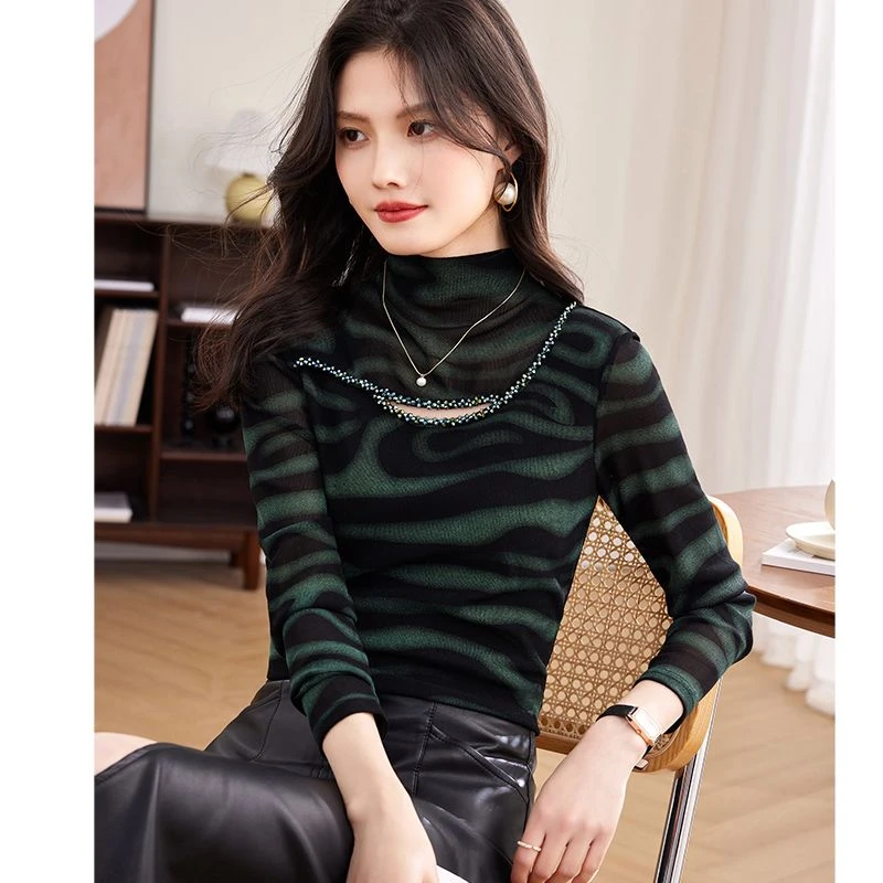 薄款/加绒加厚秋冬季新款半高领长袖网纱内搭打底衫保暖洋气小衫