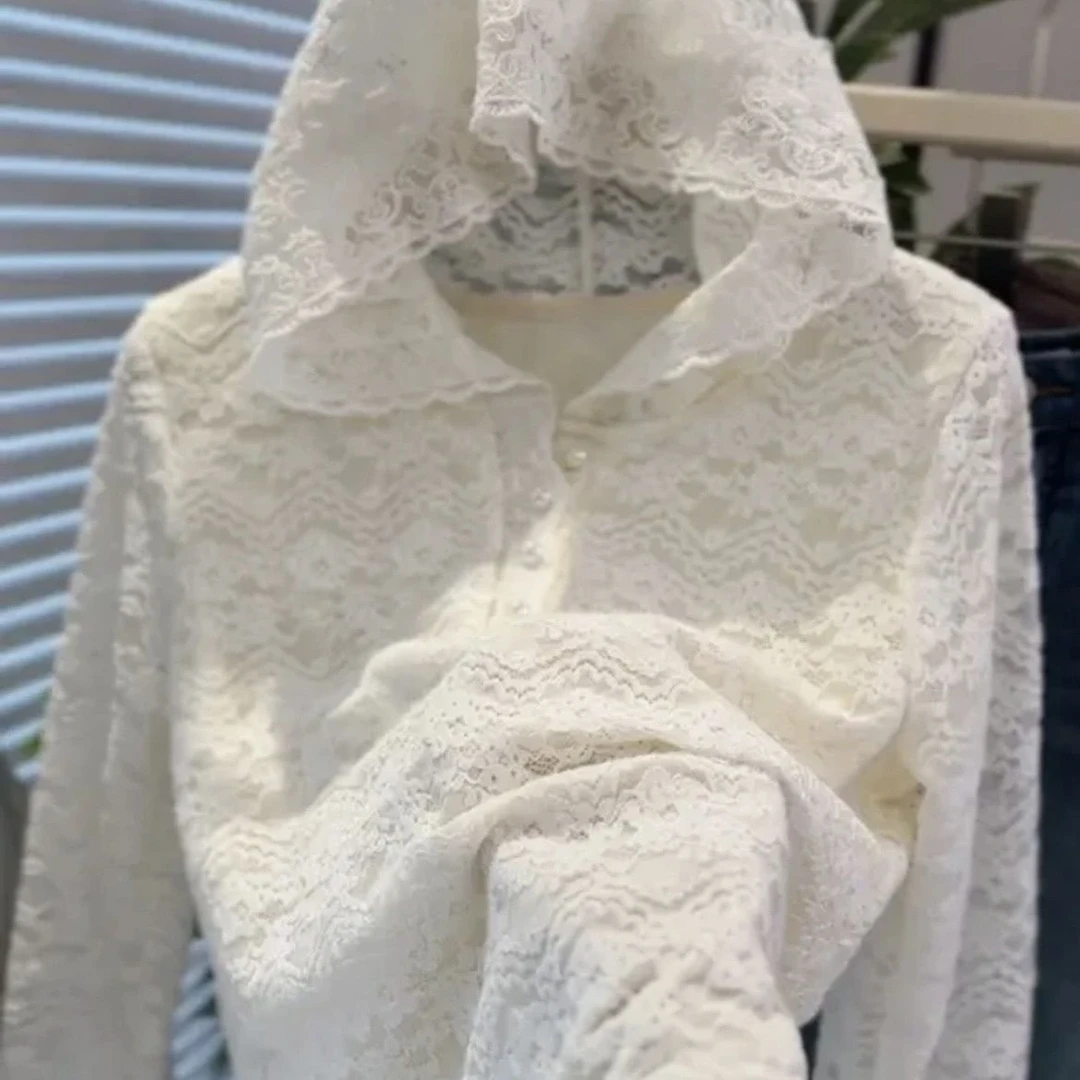 高级感拼接蕾丝花边连帽针织衫女2024新款时尚休闲叠穿加绒小帽衫