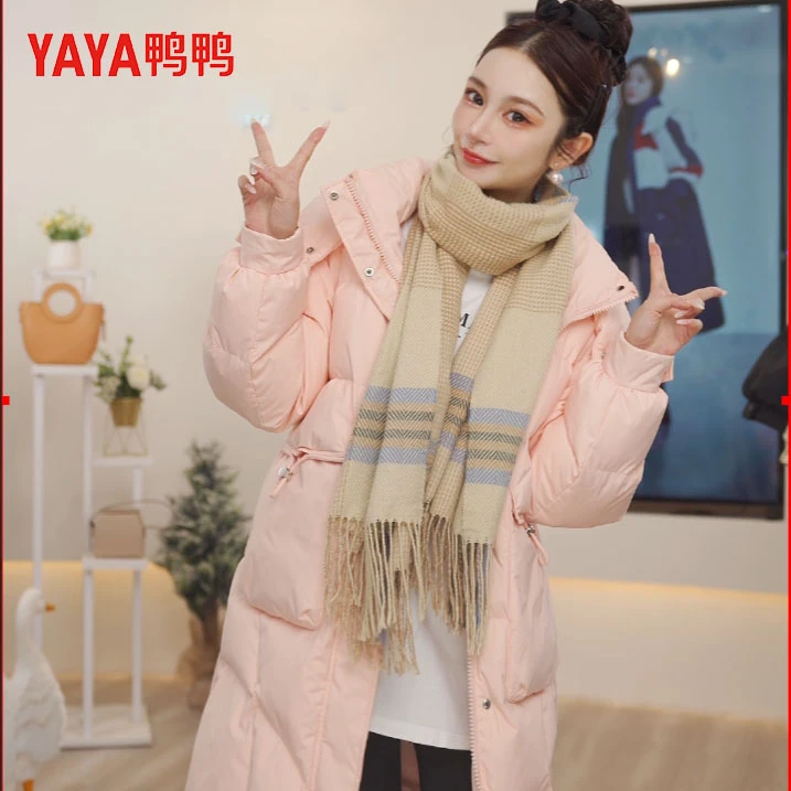 YAYA/鸭鸭时尚羽绒服女citywarm中长款连帽白鸭绒外套YE3B609375D