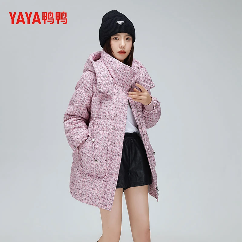 YAYA/鸭鸭2023冬季新款休闲宽松时尚满印羽绒服中长款YE2B607305L