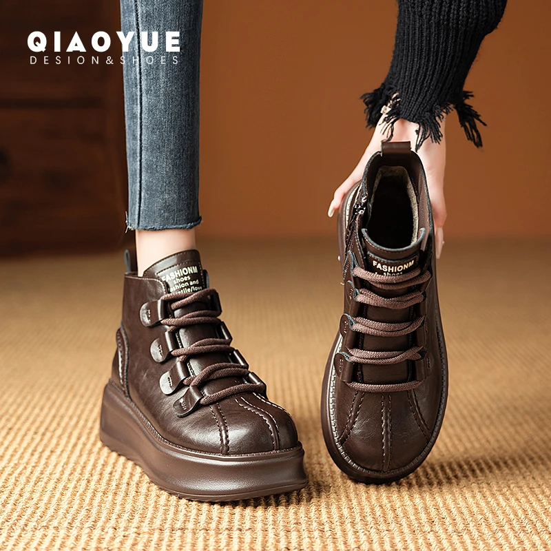 [隐形增高8CM] 2024冬季新款复古马丁靴百搭加绒厚底短靴#K8071