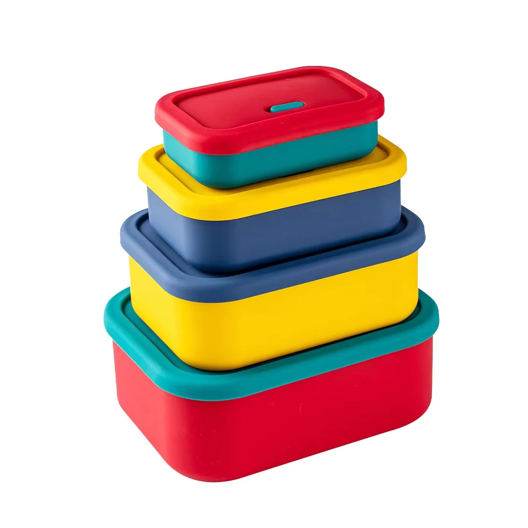 珊谷gj混色硅胶长方形硅胶保鲜盒4件套微波炉专用饭盒硅胶便当盒