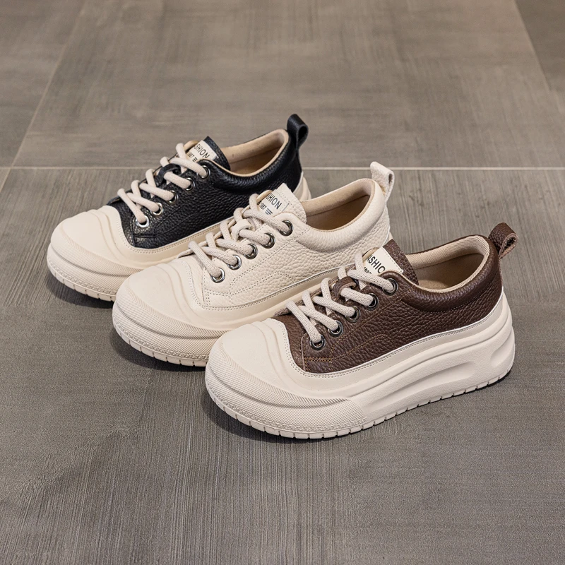 头层牛皮软底软面时尚休闲松糕板鞋韩版ins系带复古秋冬季百搭潮