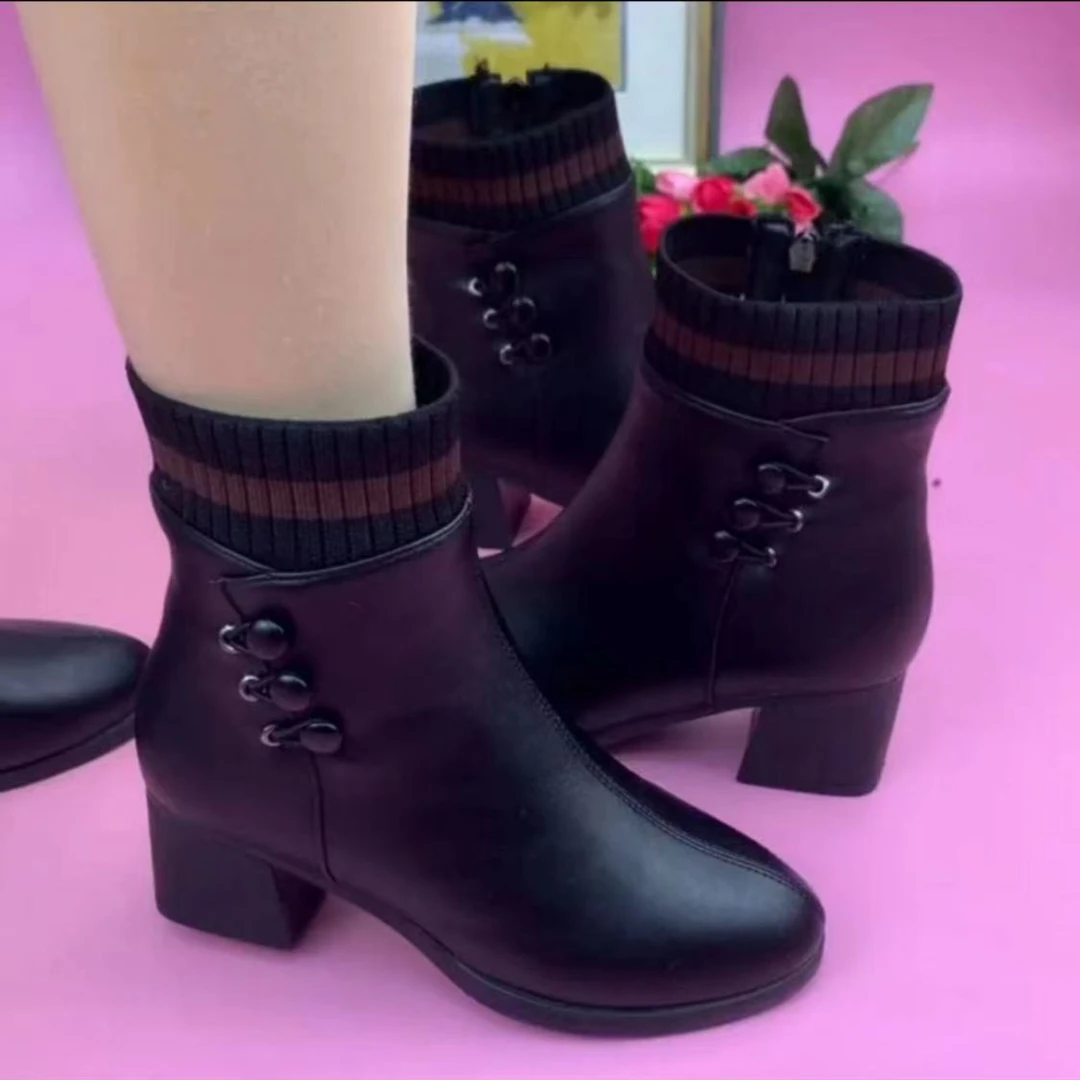 新款大棉时尚短靴方跟4厘米女士毛口短靴白棉百搭保暖