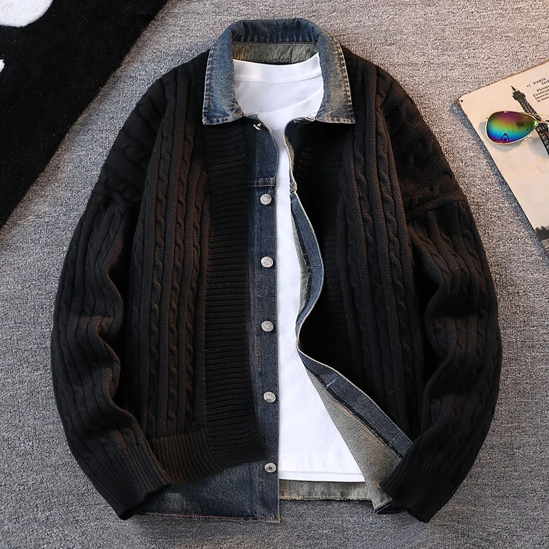 春秋季男士韩版假两件开衫针织衫毛衣男拼接牛仔外套宽松休闲上衣