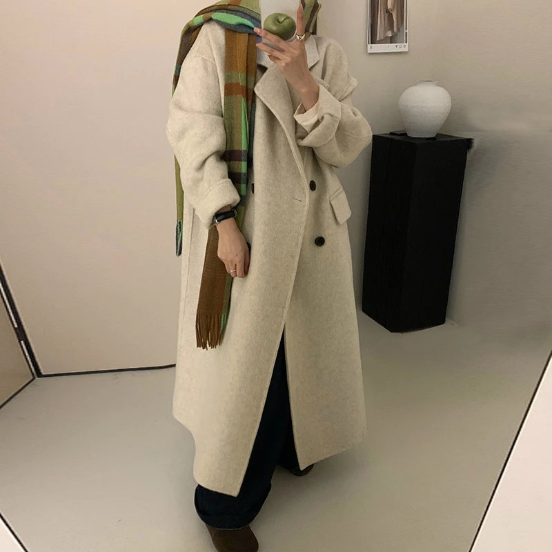 2025秋冬新韩系双面羊毛大衣女经典高端廓形加长款宽松绵羊毛外套