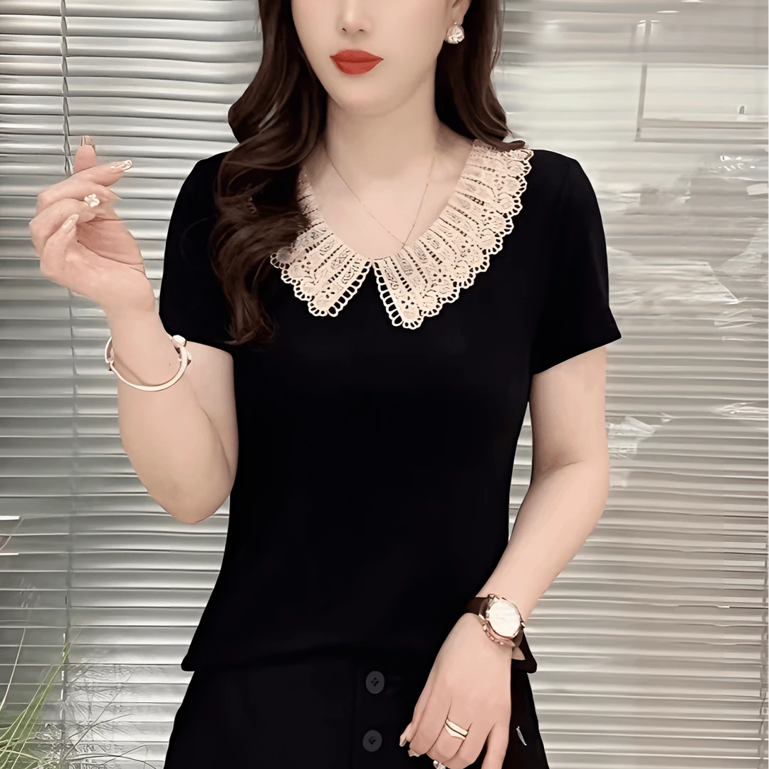夏季新款时尚蕾丝娃娃领设计感洋气纯色显瘦百搭短袖上衣-755