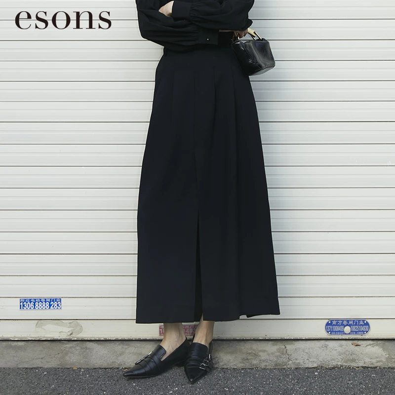 esons/爱城市【商场同款】法式百褶裙开衩过膝长裙直筒裙35845610