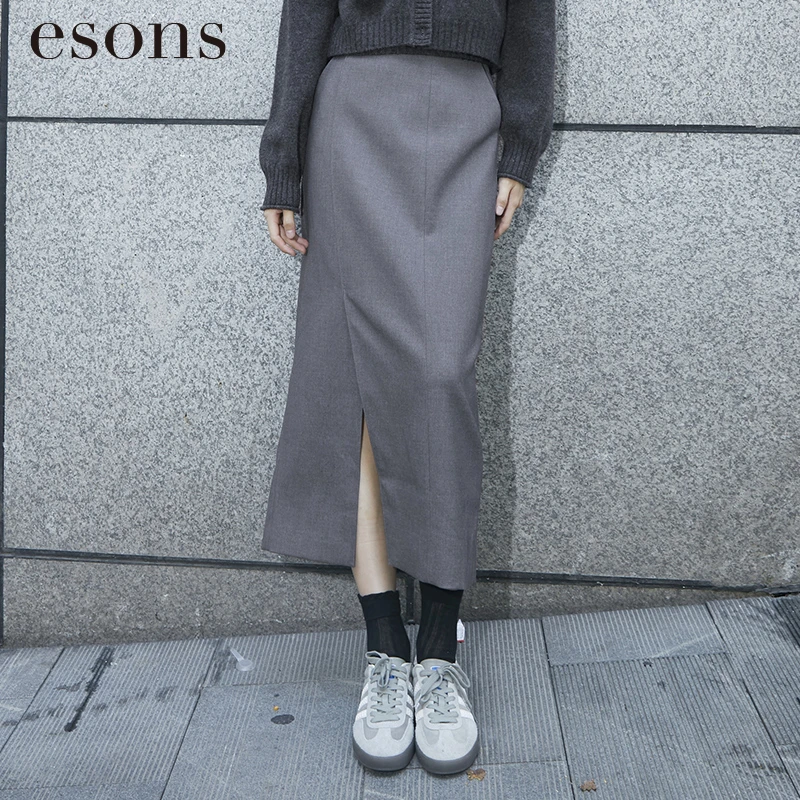esons/爱城市【商场同款】法式优雅通勤垂感H型开衩半身裙35845110