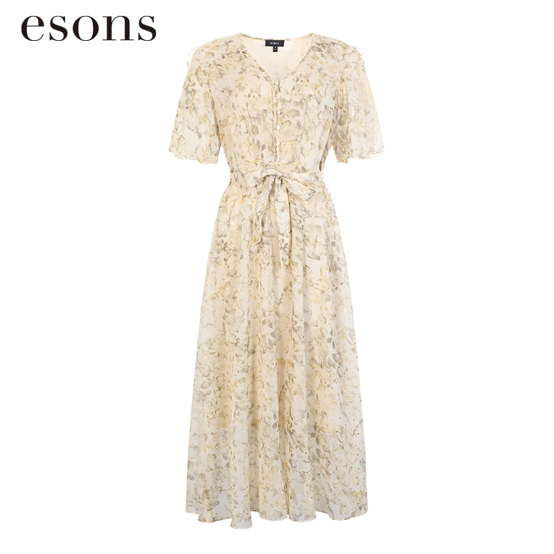 esons/爱城市【商场同款】轻奢短袖连衣裙高级女装V领碎花34533880