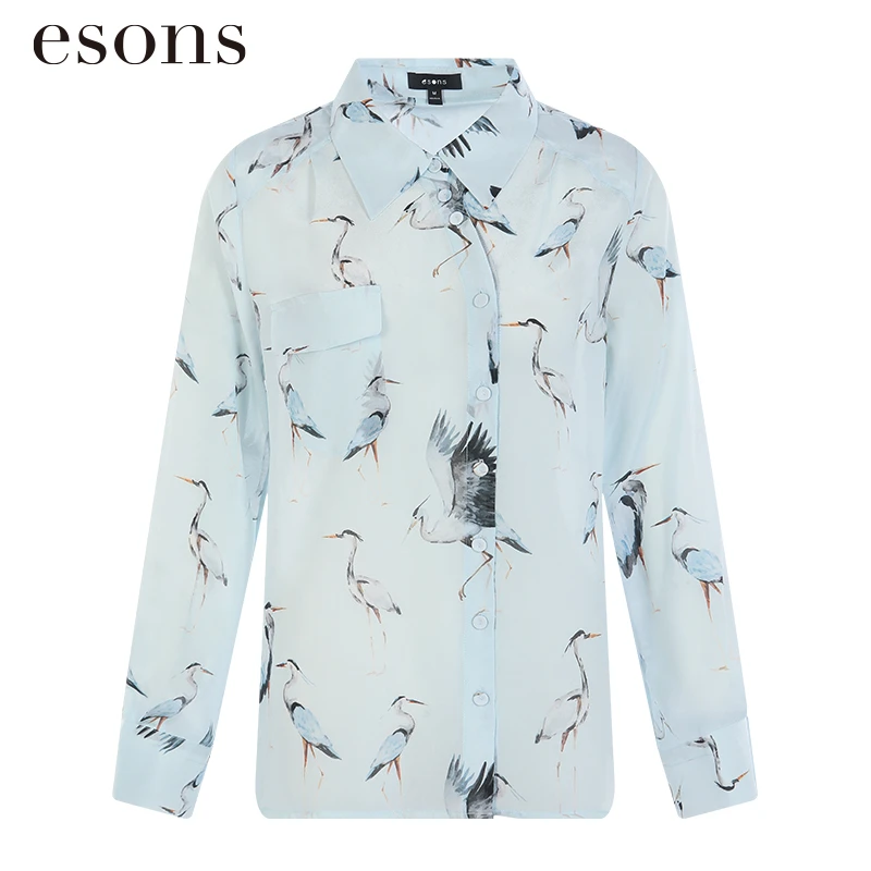 esons/爱城市【商场同款】法式中古风丹顶鹤桑蚕丝仙鹤衬衫35615210
