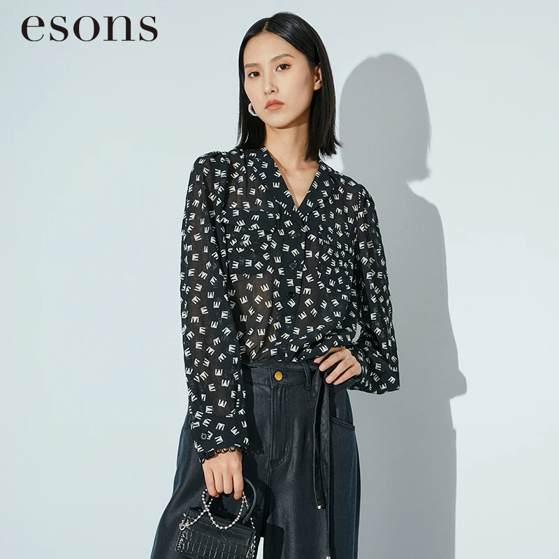esons/爱城市V领字母印花系扣衬衫34611760