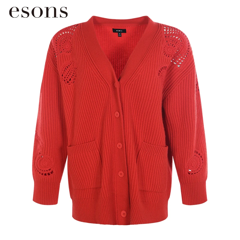 esons/爱城市【商场同款】新款优雅新年红喜庆纯羊毛衫开衫35287090