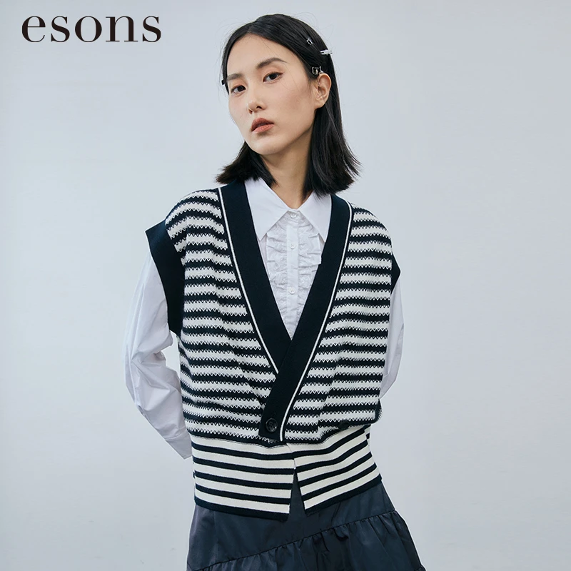 esons/爱城市轻奢小众高级感女装女装撞色V领针织背心34283000