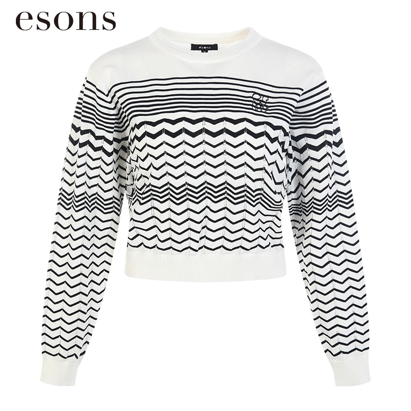 esons/爱城市【商场同款】新款短款弹力圆领套头条纹针织衫35286860