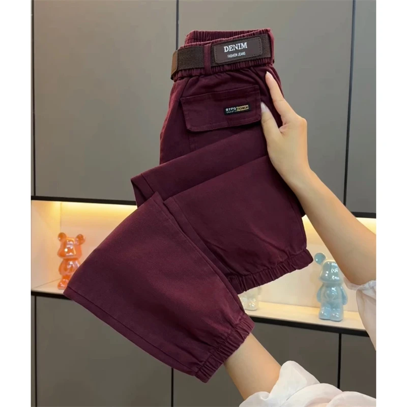 韩版新款女早秋百搭高腰休闲水洗工装裤显瘦遮肉束脚老爹裤哈伦裤