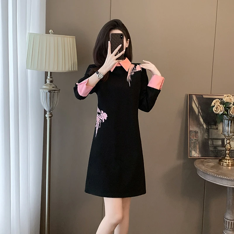 小个子时尚新中式连衣裙女国风减龄洋气中长款小黑连衣裙裙子