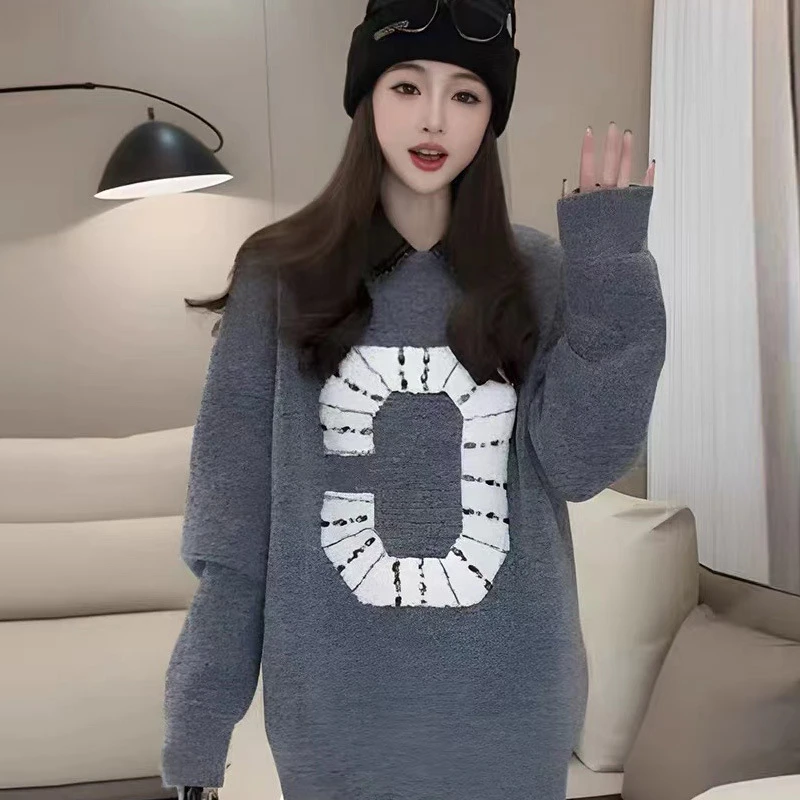 288--秋冬季韩版慵懒风针织上衣潮流设计休闲风字母纯色毛衣