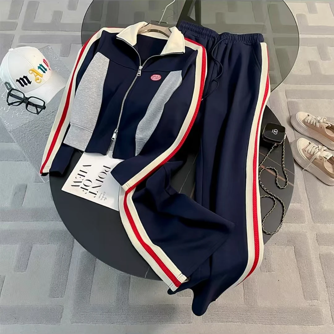 编号450--时尚套装女秋冬季洋气修身显瘦拼色立领开衫外套两件套