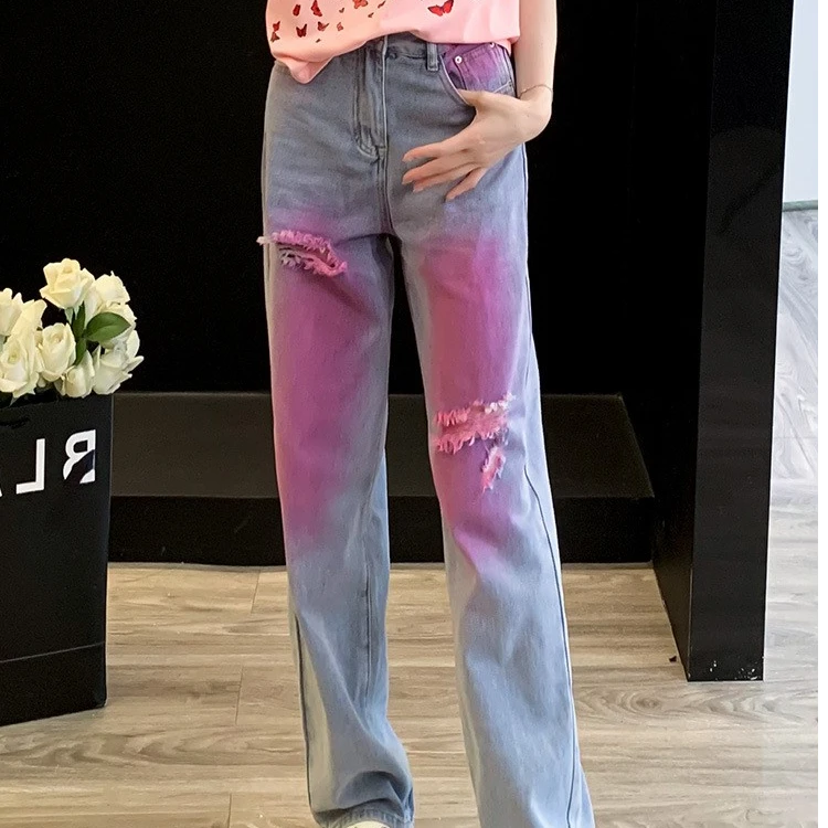 110-编号浅色涂鸦牛仔裤女夏季新款设计感高腰宽松阔腿拖地裤子潮