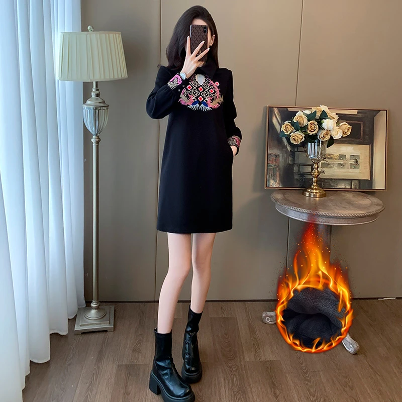 433--新中式国风连衣裙女高级感显瘦气质内搭打底加绒裙子