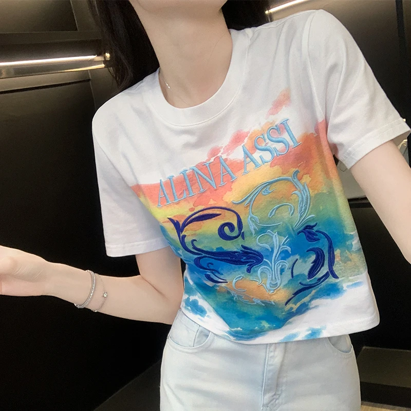 时尚百搭减龄显瘦白色上衣夏季女装新款设计感别致印花短袖t恤女