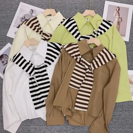 条纹披肩两件套衬衫2023早秋新款宽松潮流时尚长袖小众设计上衣