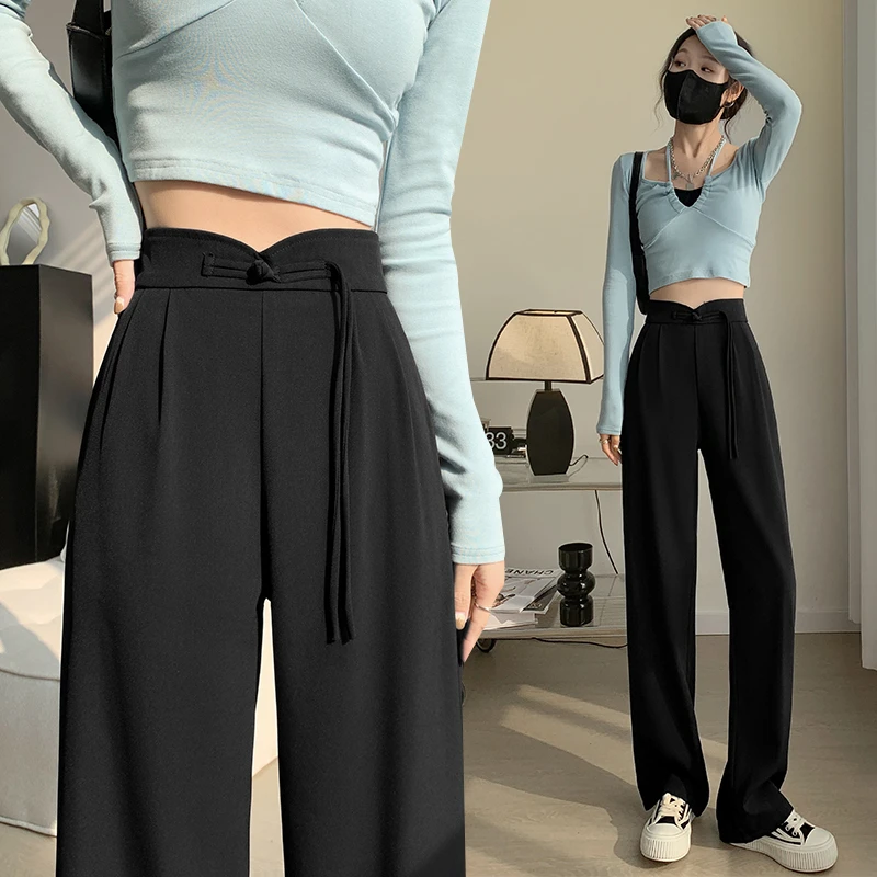 国风西装直筒裤女2024春季设计感高腰窄版阔腿裤新中式休闲拖地