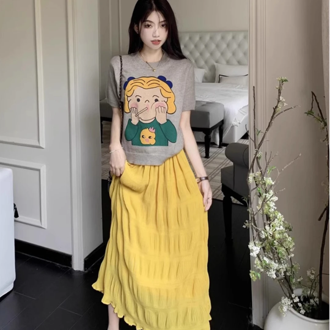 2024春夏新款减龄套头百搭毛衣女装可爱卡通短袖小个子毛衣针织衫