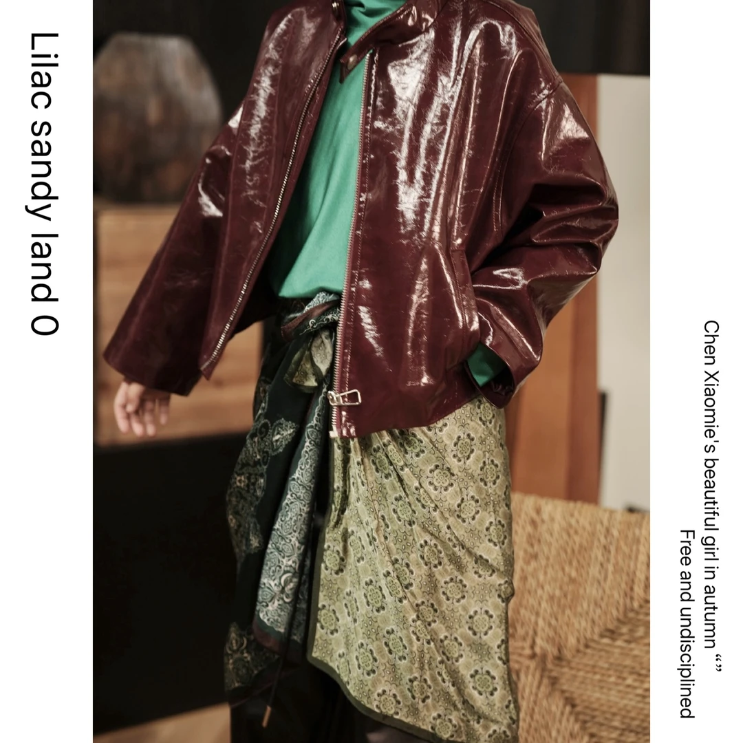 【克拉油】8083#秋款酒红色皮夹克外套