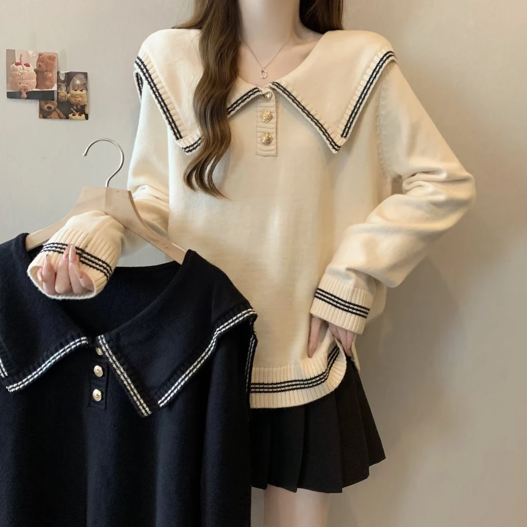 微胖大码女装秋冬新款学院风海军领长袖针织毛衣翻领套头上衣