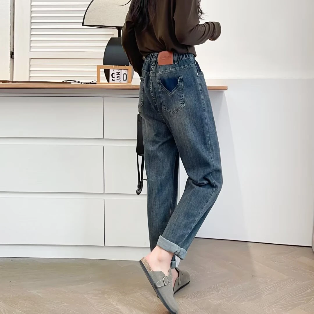 微胖大码女装秋冬款半口袋哈伦老爹裤高弹力加绒加厚牛仔裤200斤