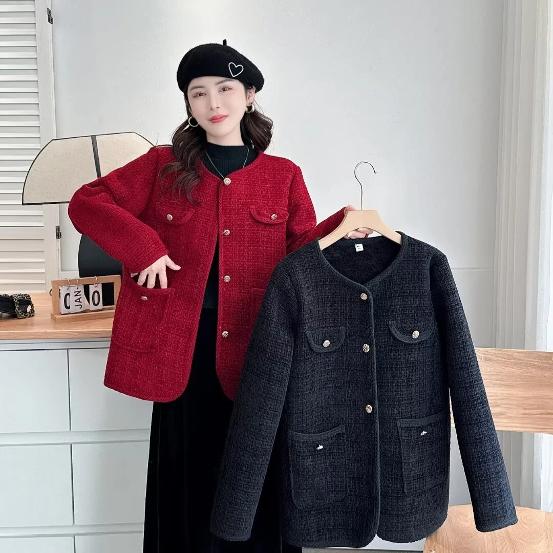 2024秋冬新款微胖大码女装法式小香风加绒加厚保暖显瘦外套200斤