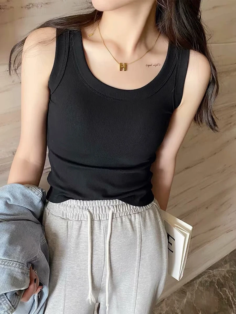 大码女装纯色U领螺纹棉打底背心外穿