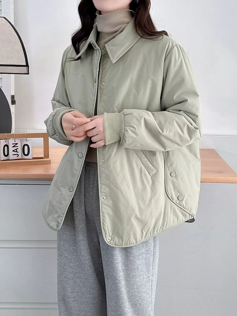 微胖大码女装秋冬新款韩版轻薄款棉衣翻领休闲百搭长袖棉服200斤