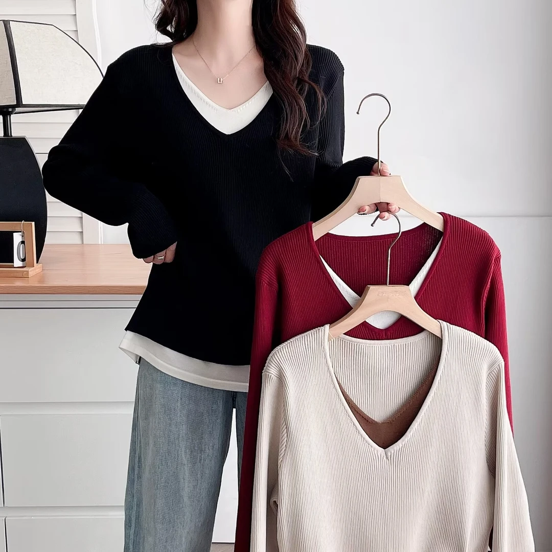 微胖大码女装秋冬新款V领洋气抽绳假两件长袖针织衫200斤女