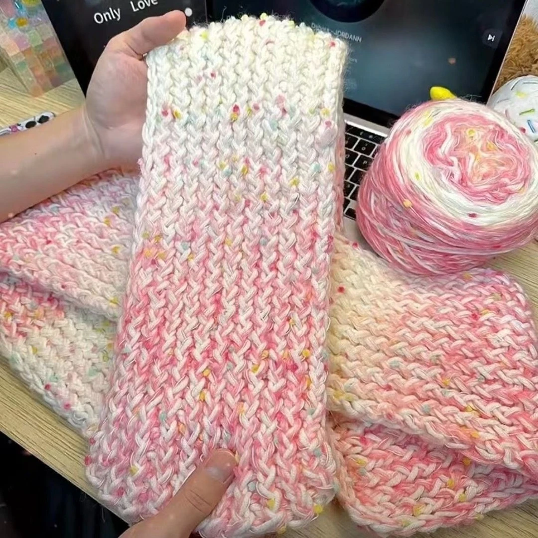 手工diy渐变手混线彩虹糖围巾编织粗毛线元宝针材料包送男女朋友