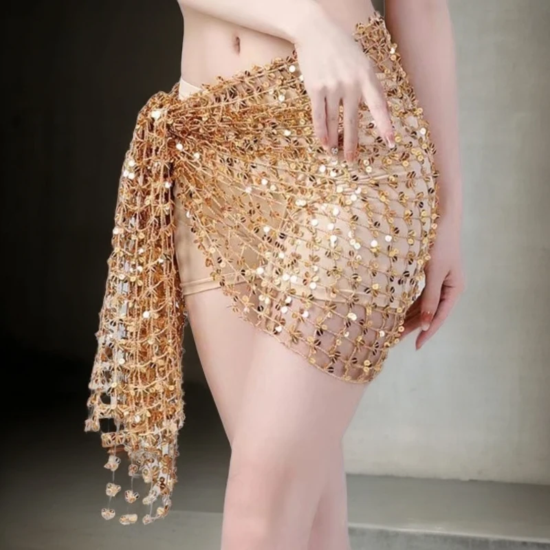 新款肚皮舞服腰链亮片水绒方巾舞蹈表演服亮片镂空腰封腰巾臀巾