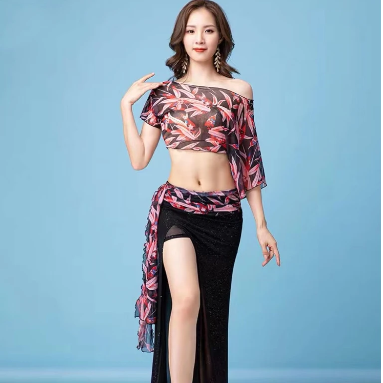 肚皮舞练功服装夏性感大码新款高端东方舞套装气质女神款显瘦印花