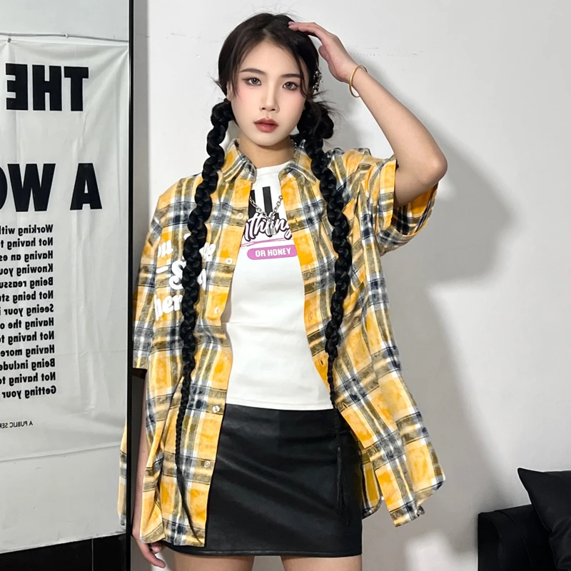 BTK潮牌美式字母印花格纹短袖衬衫男休闲百搭宽松尖领外搭A864