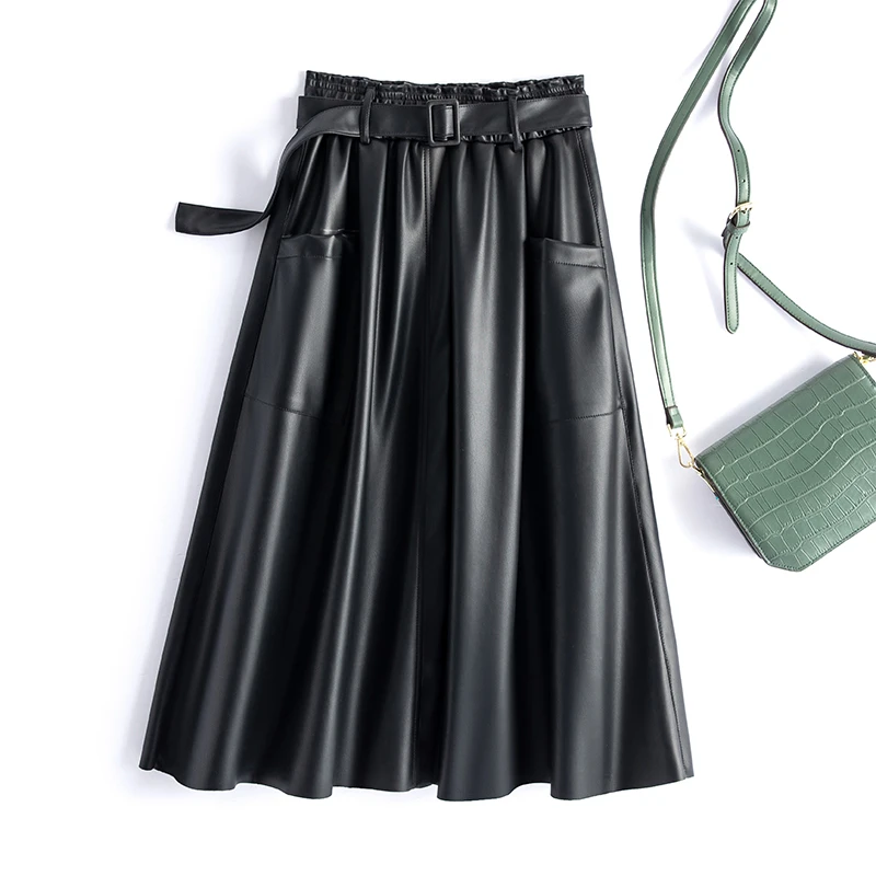 308t真皮长裙中长款半身裙显瘦时尚百搭伞裙高腰大摆裙