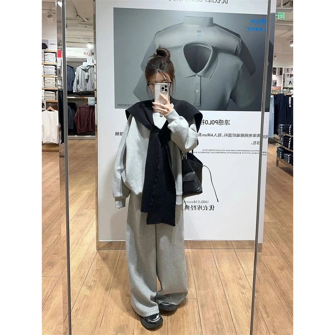 K韩系慵懒风圆领长袖宽松卫衣叠穿披肩女秋季高腰阔腿裤三件