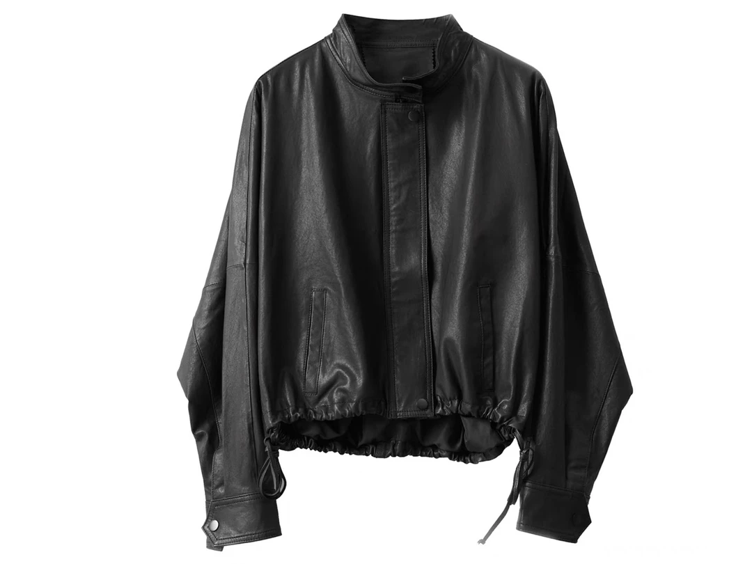 环保半植鞣绵羊皮 女士宽松皮衣外套 立领短款抽绳上衣 蝙蝠袖