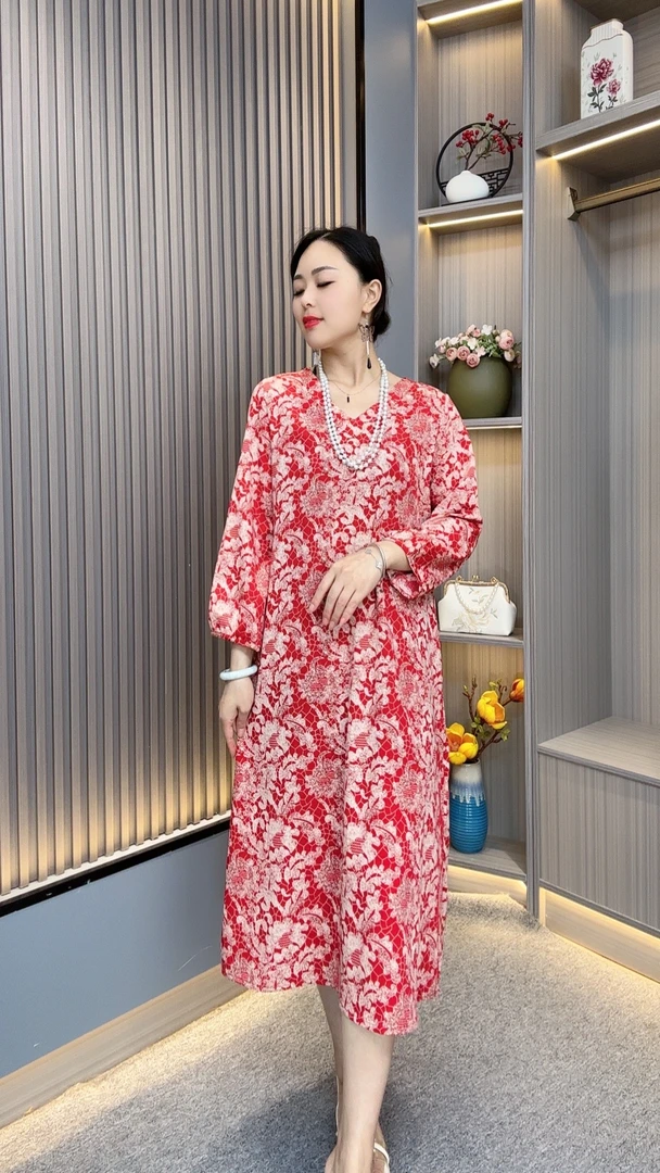 谦谦定制YJ3330 秋季定制中长款款气质红美人遮肉减龄碎花连衣裙