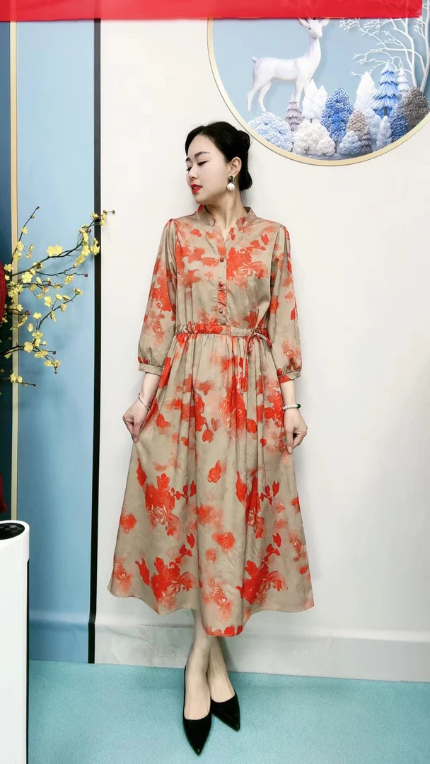 谦谦定制YJ4533杜鹃高定款妈妈装复古气质立领抽绳遮肉显瘦连衣裙